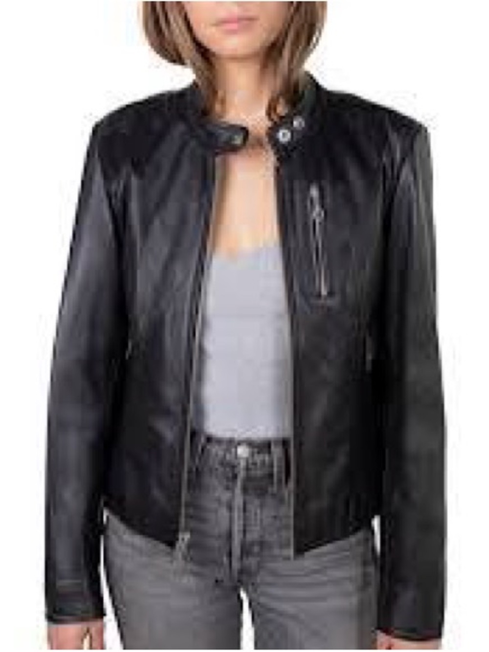 H&M Black Classy Vegan Leather Zip-button Collar Jacket | Small